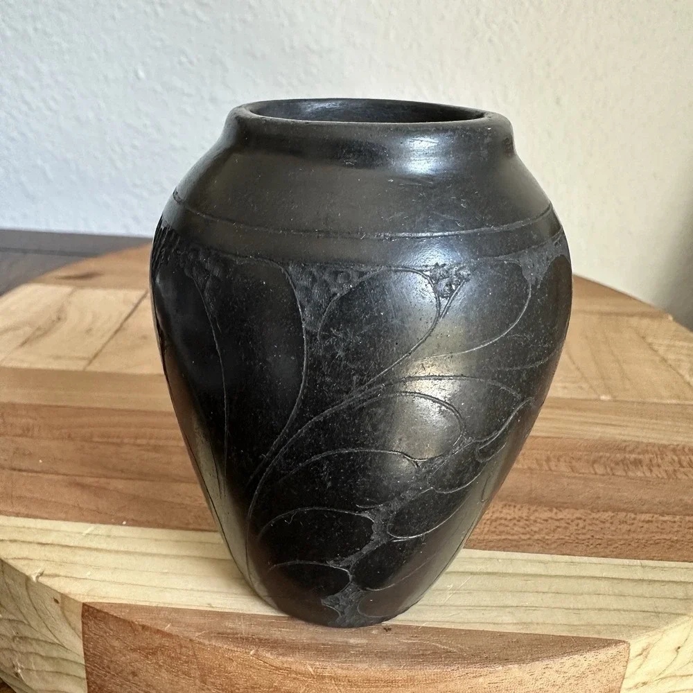 Vintage Artisan Signed Marginea Pottery Vase 3.5 Inch Black Carved Floral Leaves